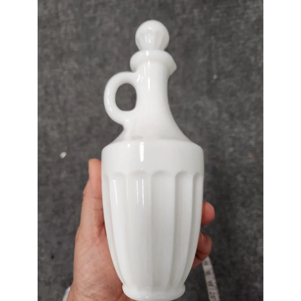 Vintage Lefton White Milk Glass Oil Decanter Bottle With Stopper And Handle MCM